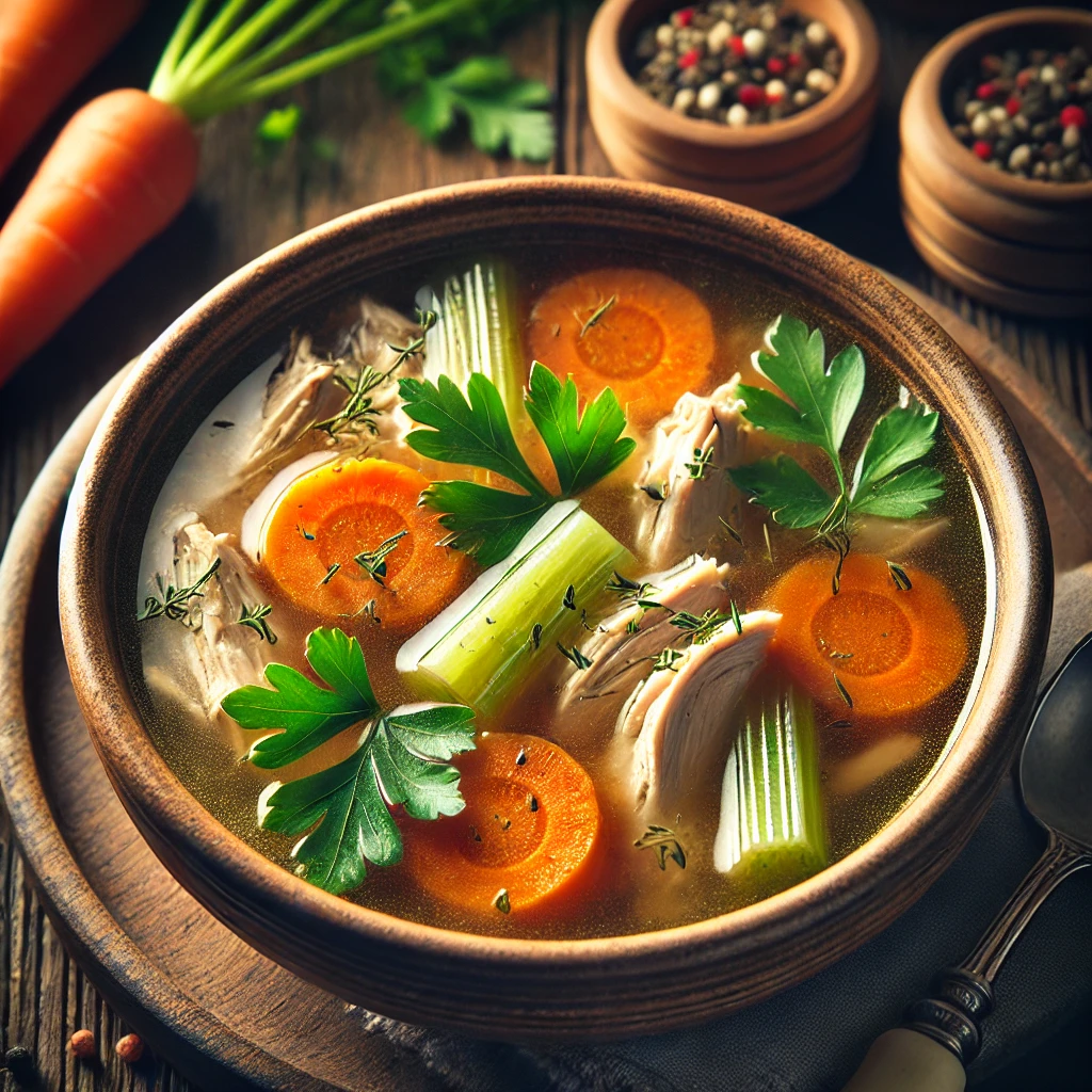 DALL·E 2024-12-15 11.10.14 - A warm bowl of chicken soup, filled with tender chicken pieces, sliced carrots, celery, and herbs like parsley. The soup is served in a rustic ceramic