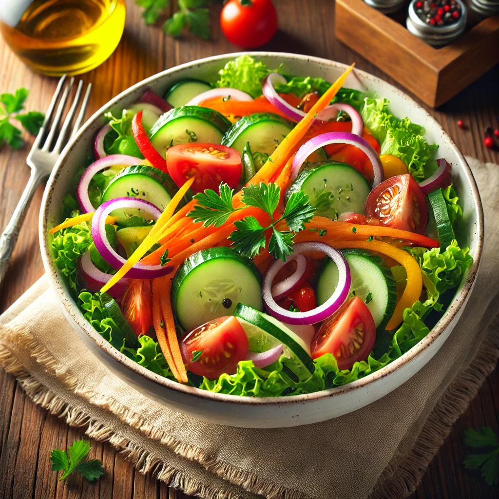 DALL·E 2024-12-15 11.10.42 - A colorful and vibrant salad bowl featuring a mix of fresh vegetables. The salad includes crisp lettuce, sliced cucumbers, diced tomatoes, shredded ca